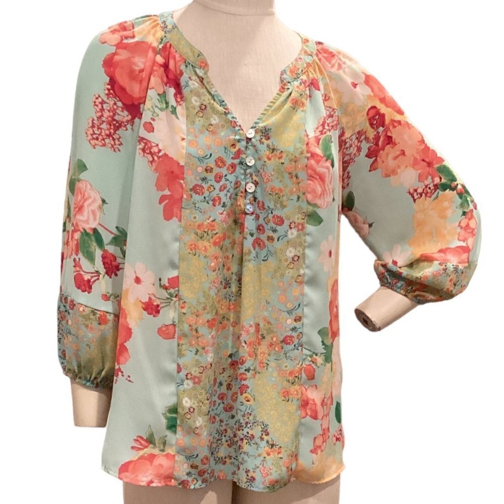 Fig &‎ Flower Floral Button V-Neck Balloon Sleeve Top S 71i